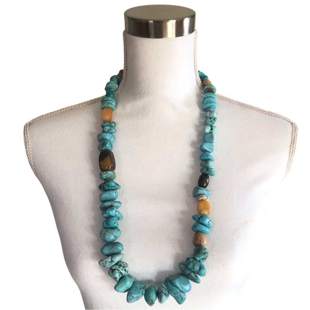 VINTAGE Native American Turquoise Tigers Eye Amber Nugget Statement Necklace 31"